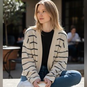 Old Navy Cream & Blue Stripes Cardigan Sweater